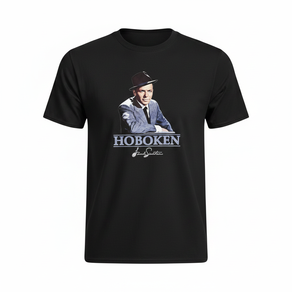 Hoboken Frank Sinatra black t-shirt with portrait graphic on white background