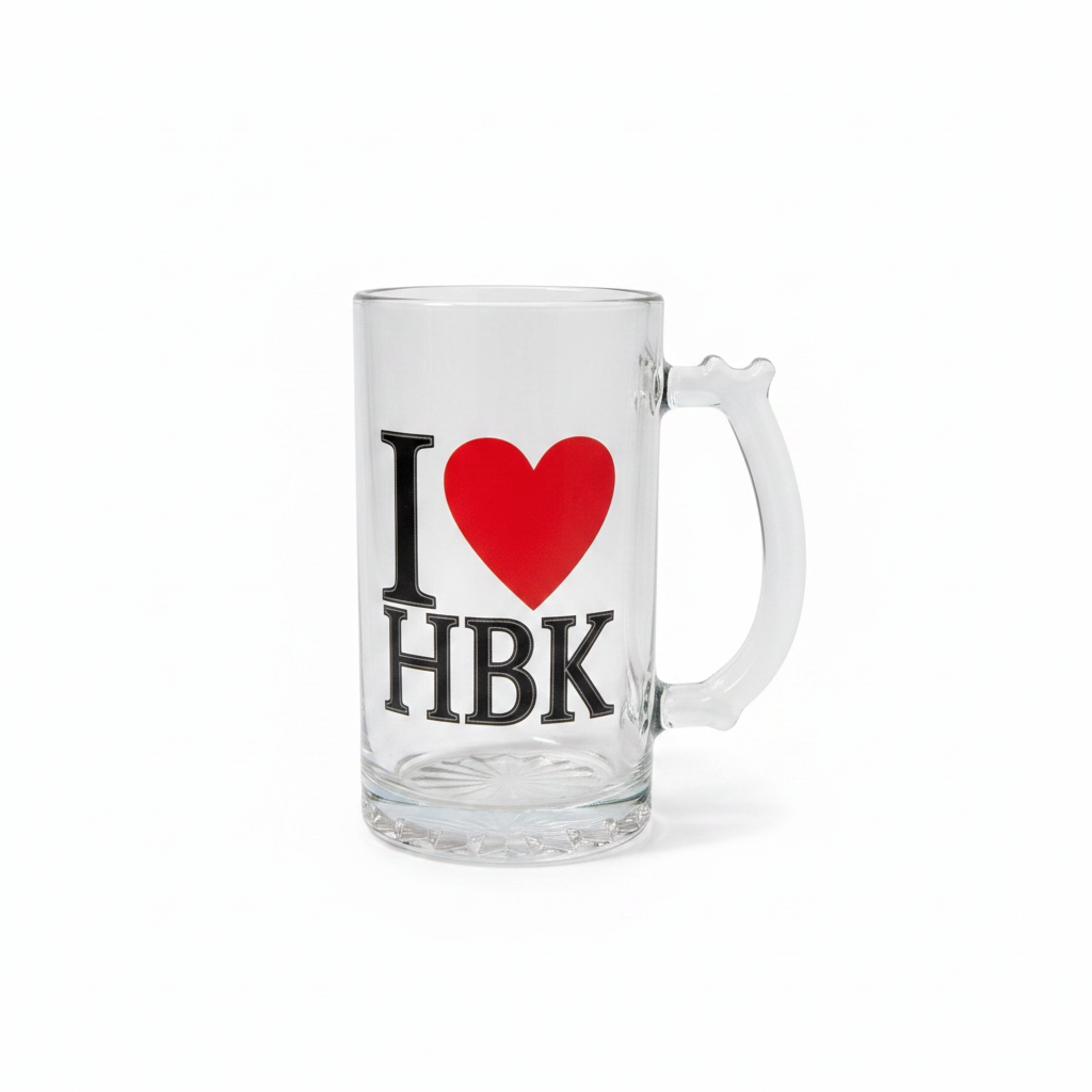 I Love HBK clear glass beer mug on pure white background