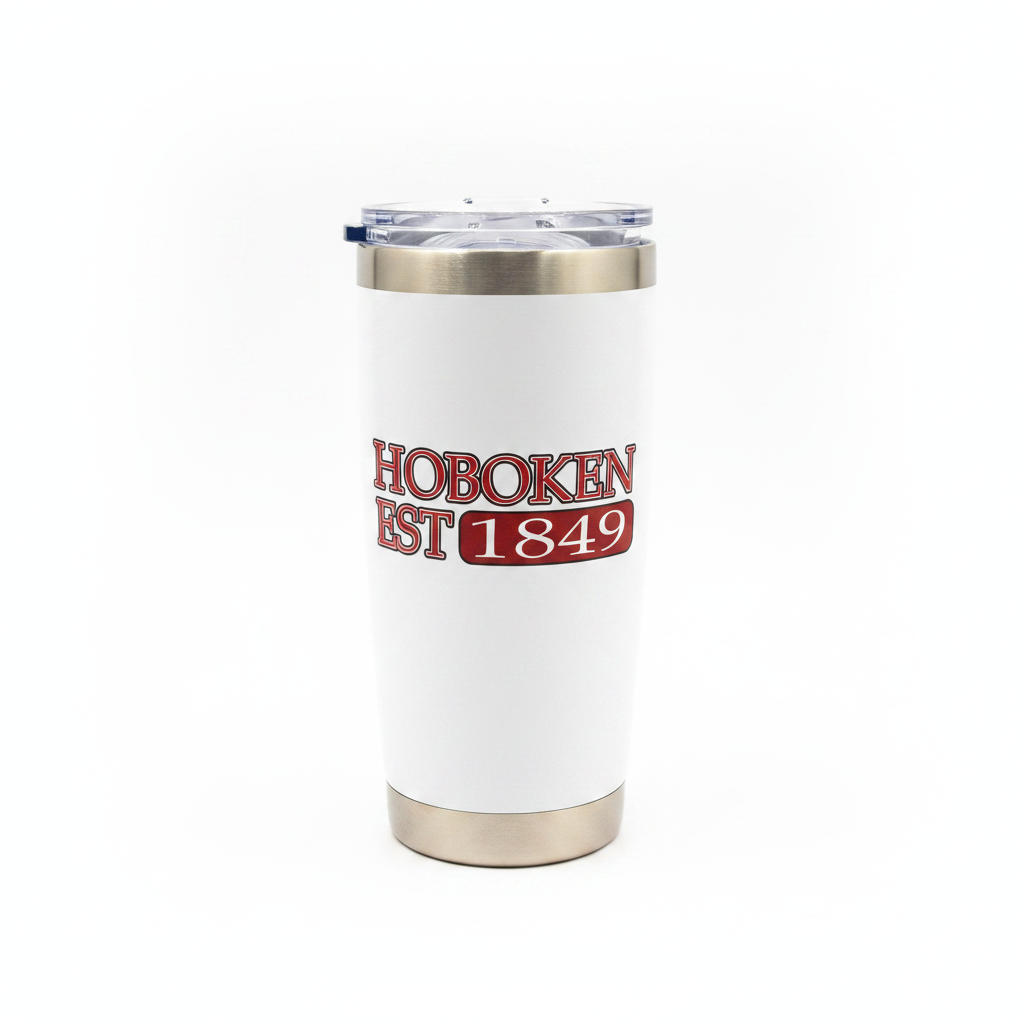 Hoboken Est. 1849 white insulated tumbler on pure white background