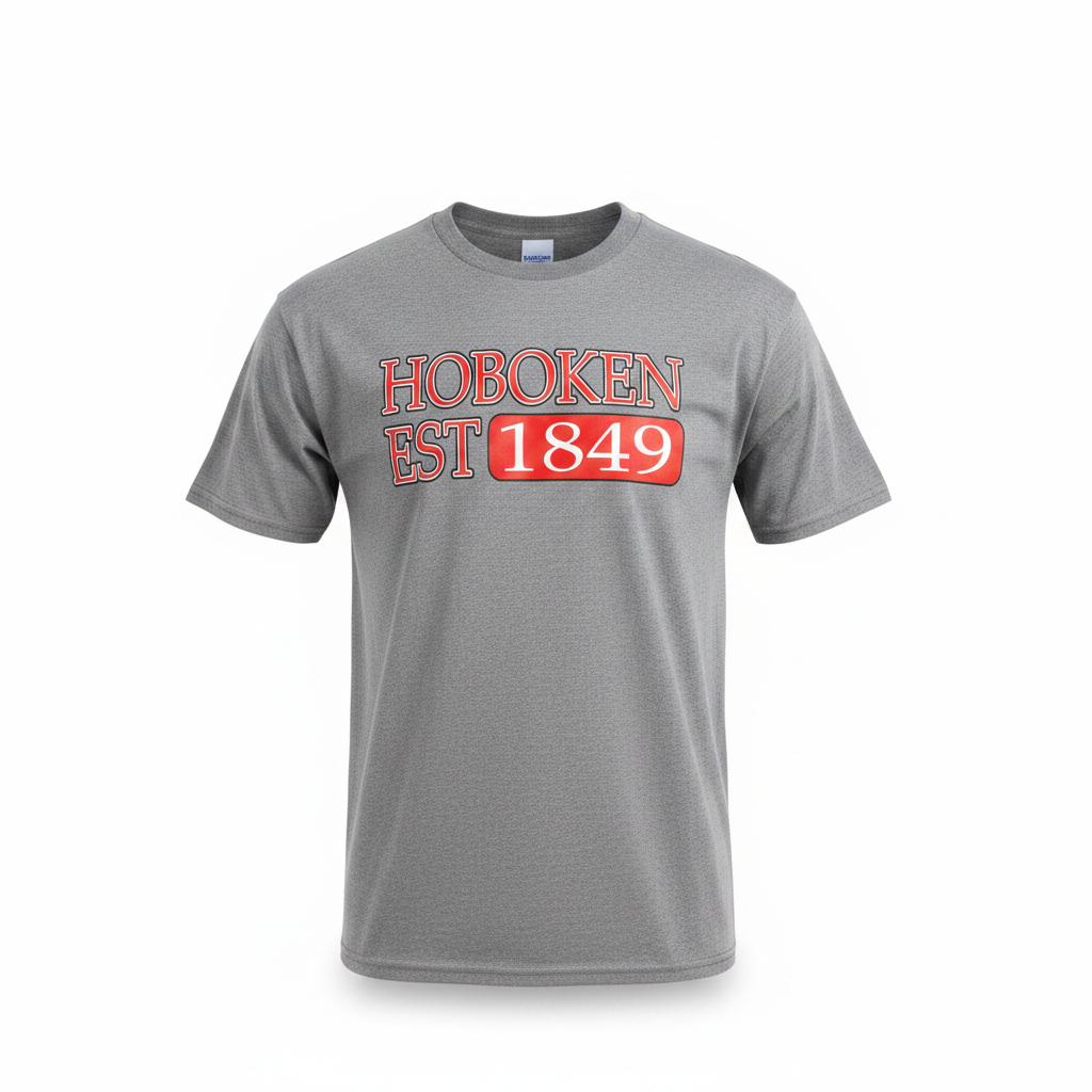 Hoboken Est. 1849 heather grey t-shirt with red and white graphic on white background