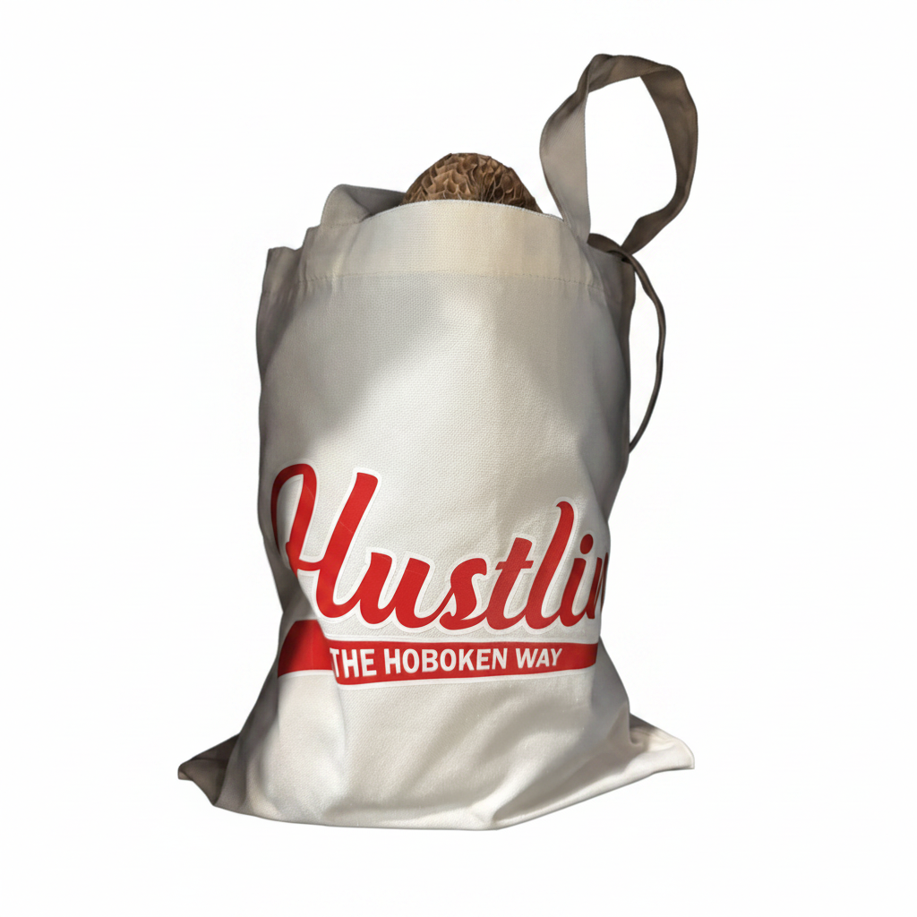 Hustlin' The Hoboken Way canvas tote bag on pure white background