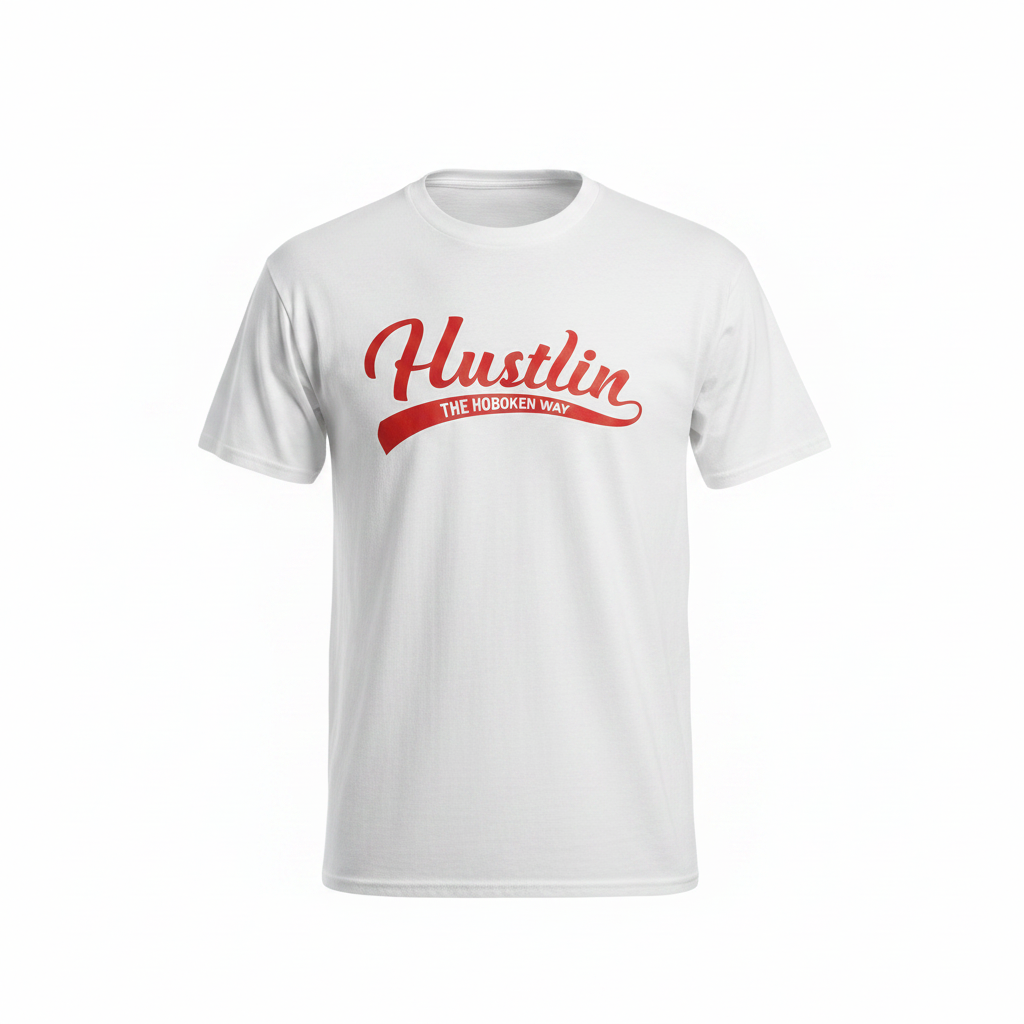 Hustlin' The Hoboken Way white t-shirt with red script graphic on white background