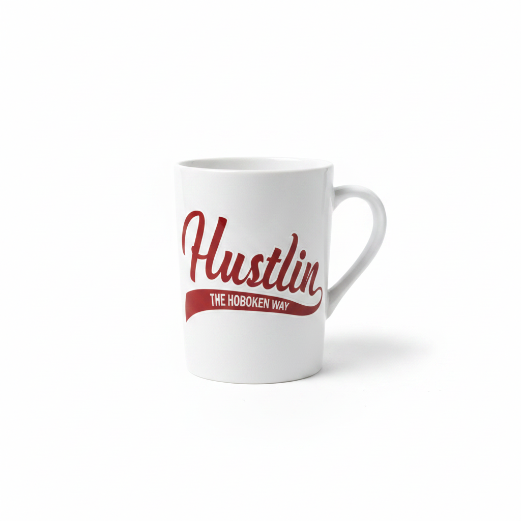 Hustlin' The Hoboken Way white ceramic mug on pure white background