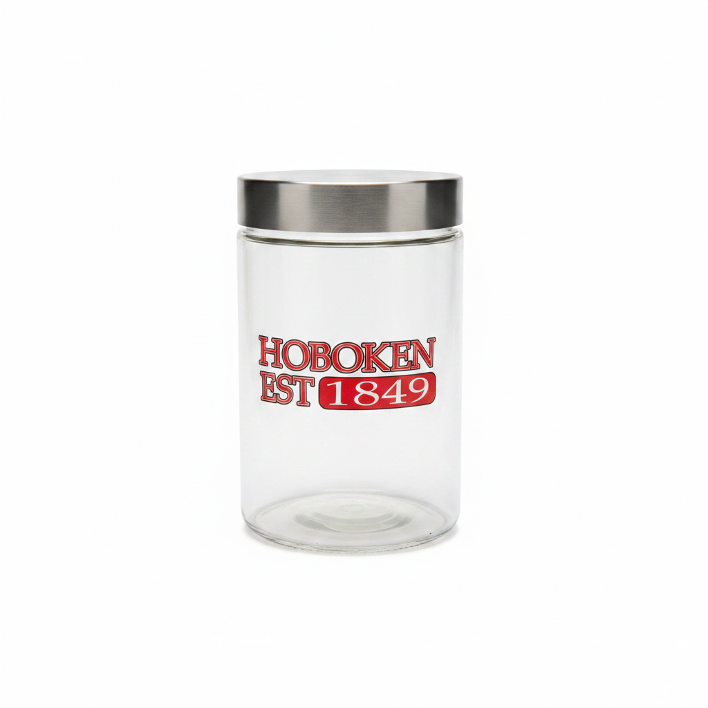 Hoboken Est. 1849 glass jar with stainless steel lid on pure white background