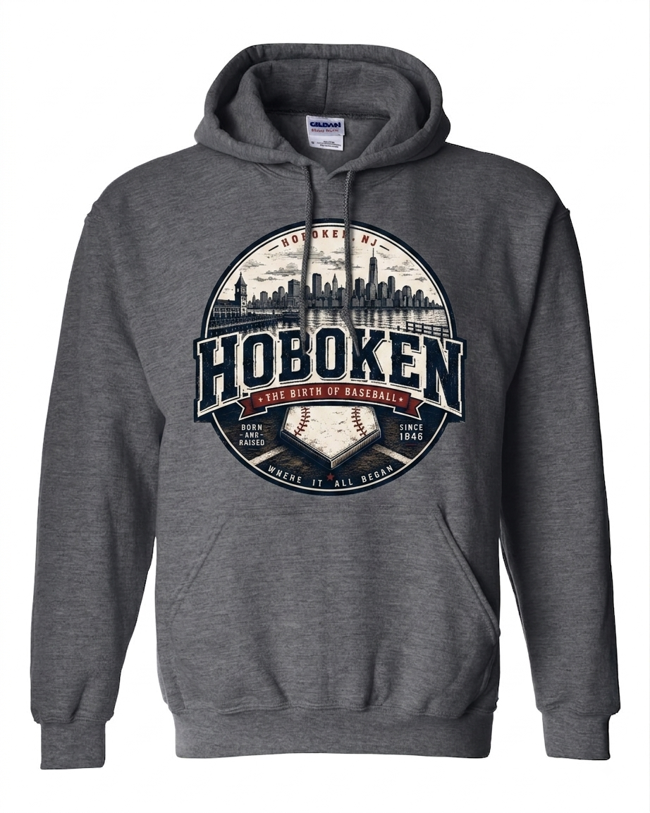 Hoboken Dark Heather Birth of Baseball Skyline Circle Hoodie