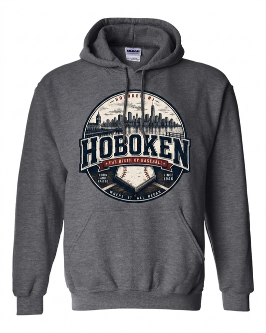 Hoboken Dark Heather Birth of Baseball Skyline Circle Hoodie
