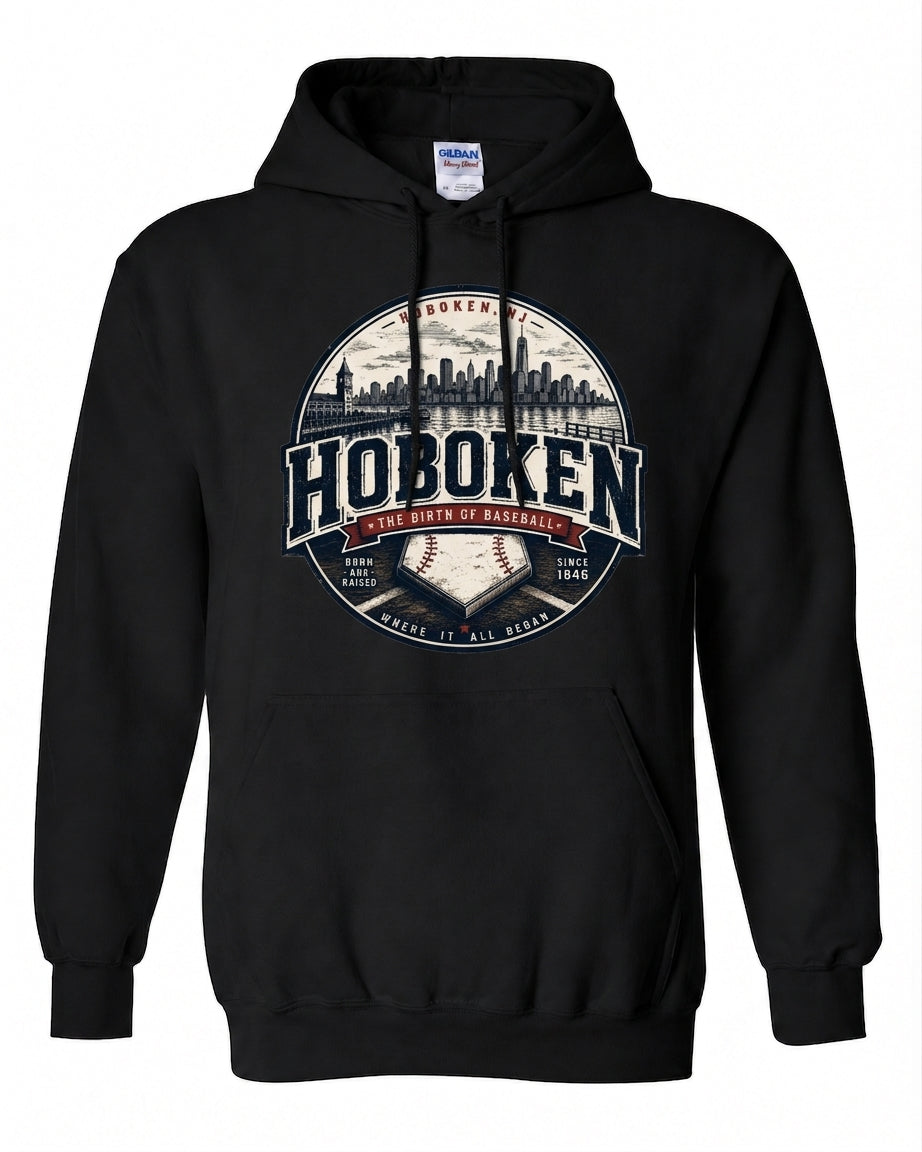 Hoboken Black Birth of Baseball Skyline Badge Hoodie