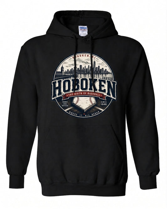 Hoboken Black Birth of Baseball Skyline Badge Hoodie