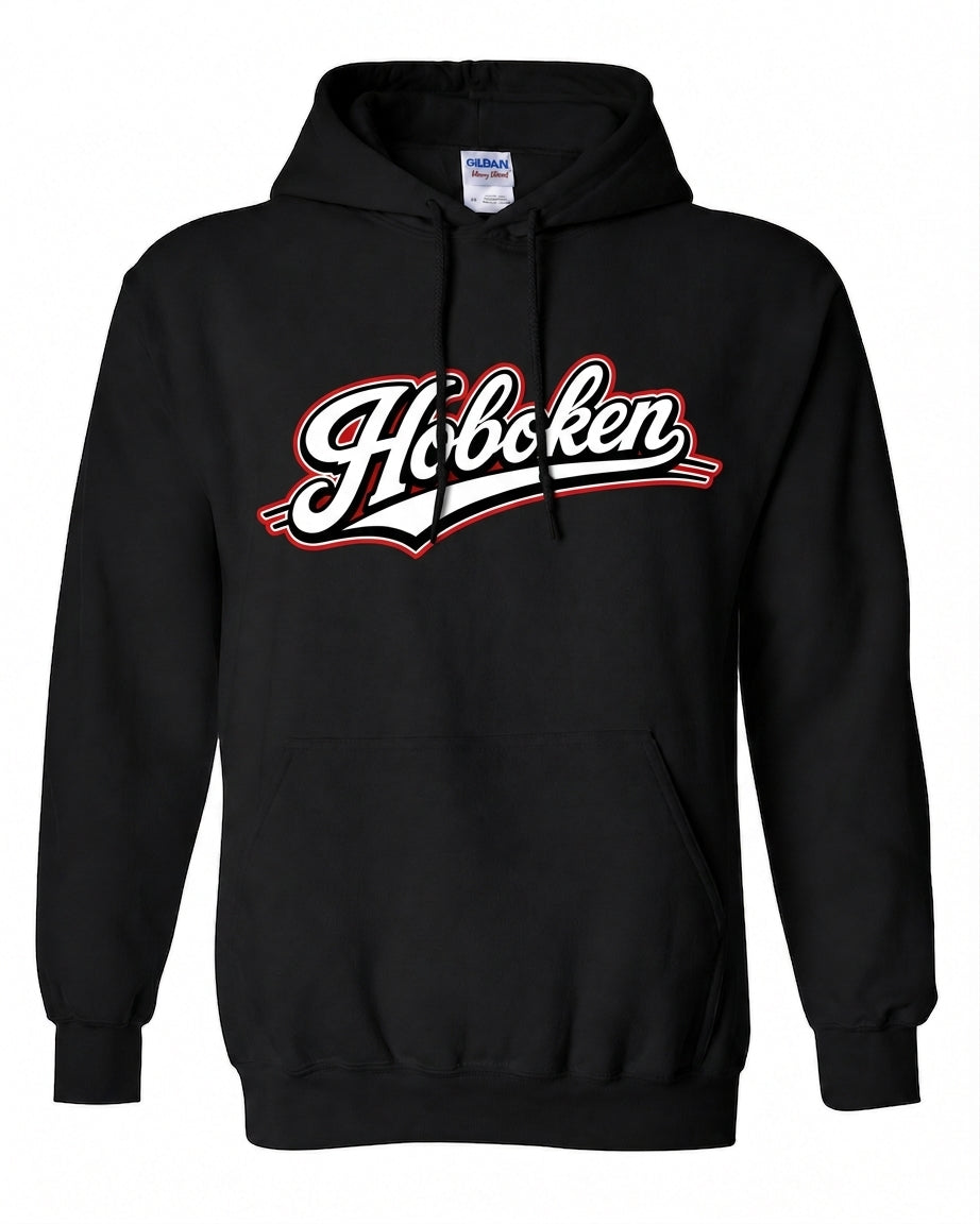 Hoboken Black Baseball Script White Red Hoodie