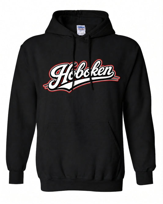 Hoboken Black Baseball Script White Red Hoodie