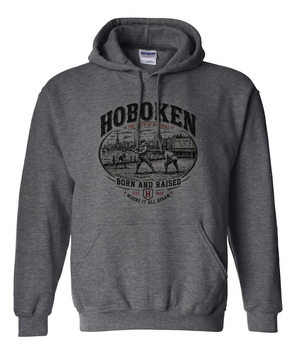 Hoboken Dark Heather Birthplace of Baseball Born and Raised Hoodie
