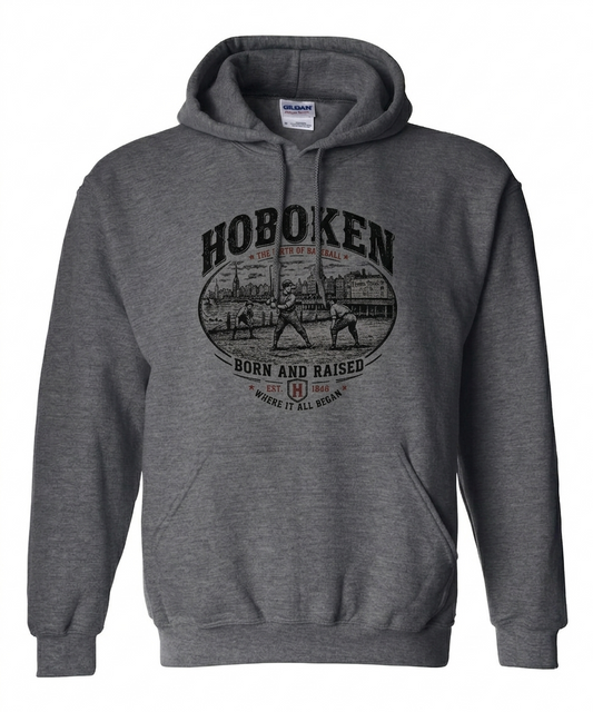 Hoboken Dark Heather Birthplace of Baseball Born and Raised Hoodie