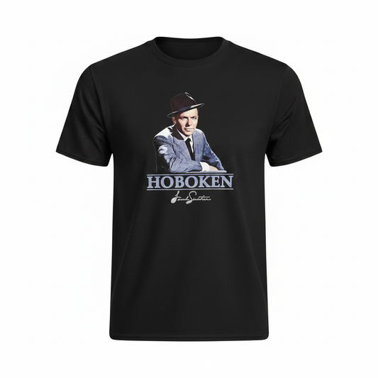 Hoboken Frank Sinatra black t-shirt with portrait graphic on white background