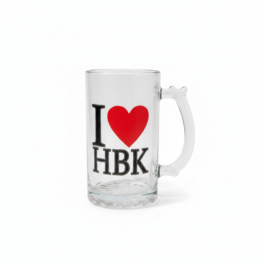 I Love HBK clear glass beer mug on pure white background