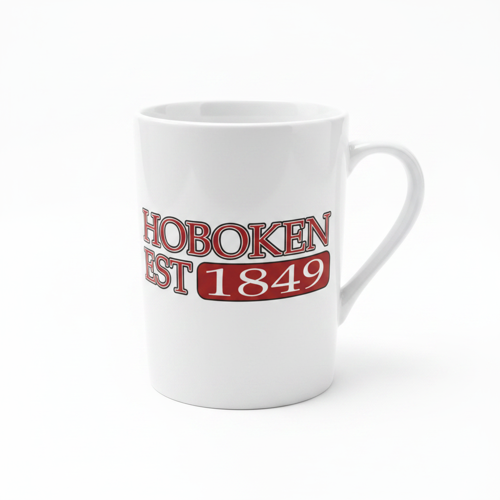 Hoboken Est. 1849 white ceramic mug on pure white background