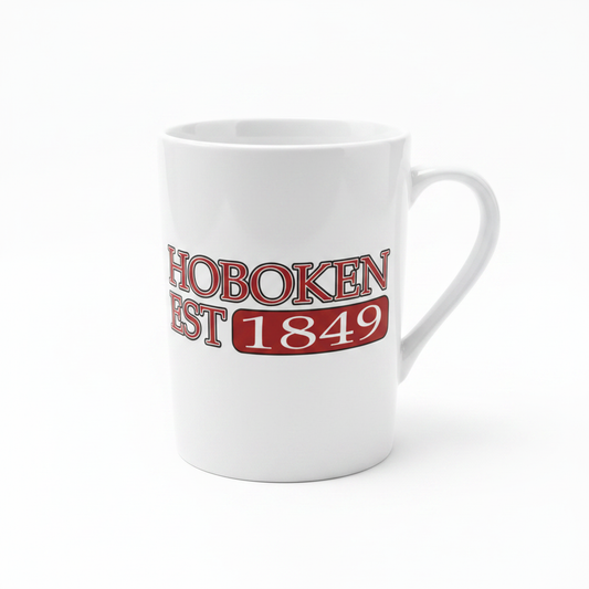 Hoboken Est. 1849 white ceramic mug on pure white background