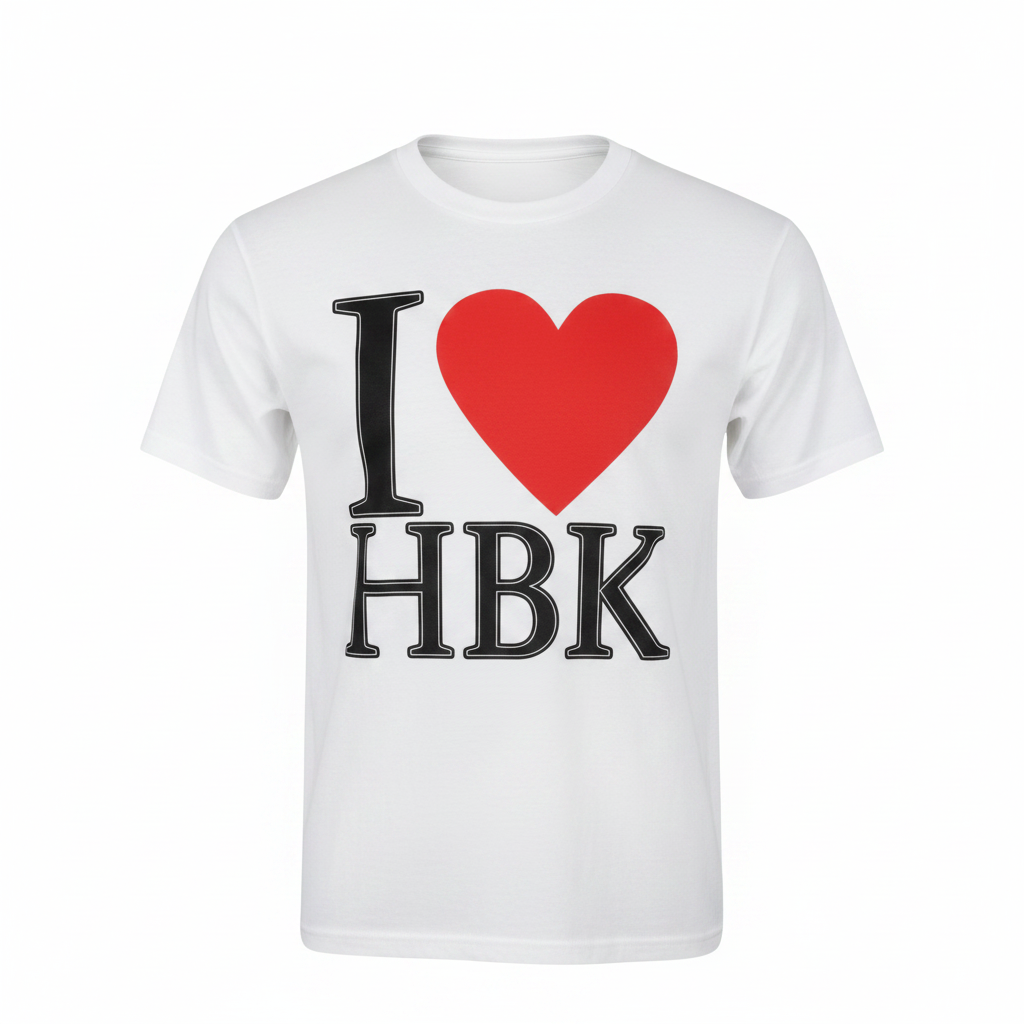 I Love HBK white t-shirt flat lay on pure white background