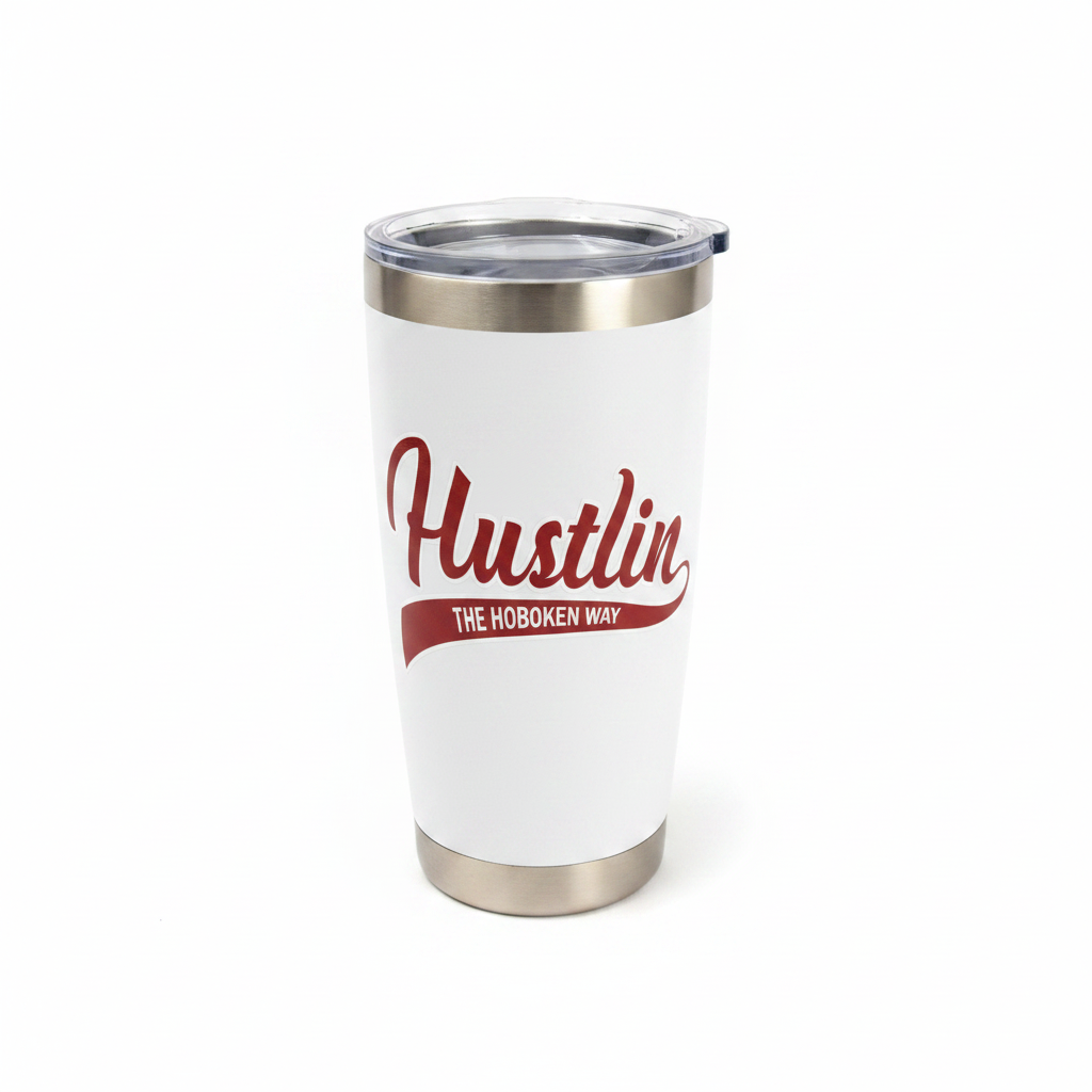 Hustlin' The Hoboken Way white insulated tumbler on pure white background