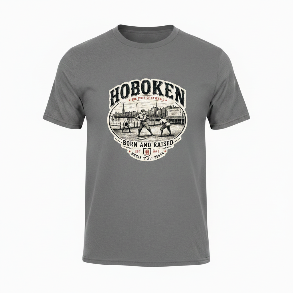 Grey t-shirt with Hoboken Birth of Baseball vintage oval graphic