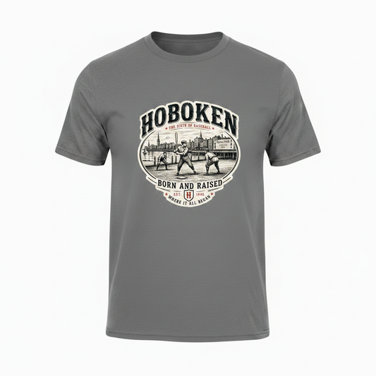 Grey t-shirt with Hoboken Birth of Baseball vintage oval graphic