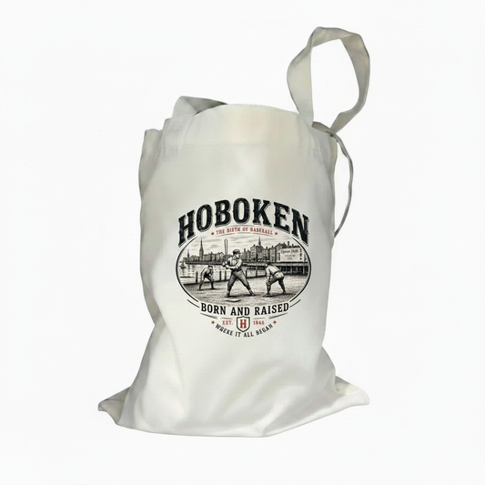Natural canvas tote bag with Hoboken Birth of Baseball vintage oval graphic