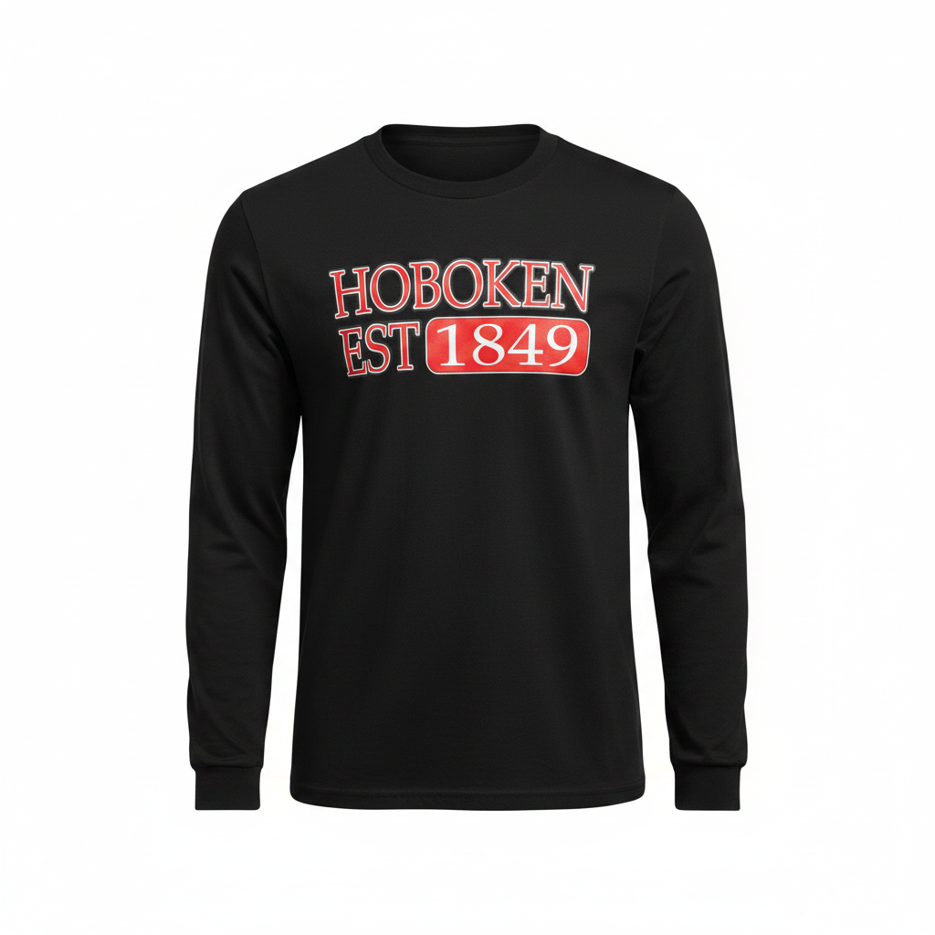 Hoboken Est. 1849 black t-shirt with red and white graphic on white background
