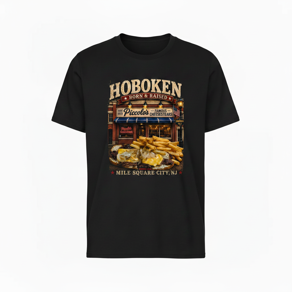 Black t-shirt with Piccolo's Hoboken Born & Raised vintage graphic
