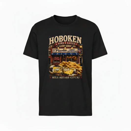 Black t-shirt with Piccolo's Hoboken Born & Raised vintage graphic