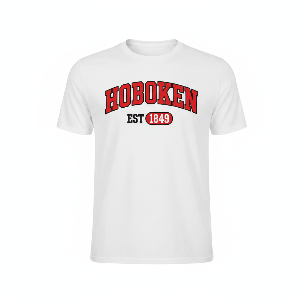 Hoboken Est. 1849 white t-shirt with red and black graphic on white background