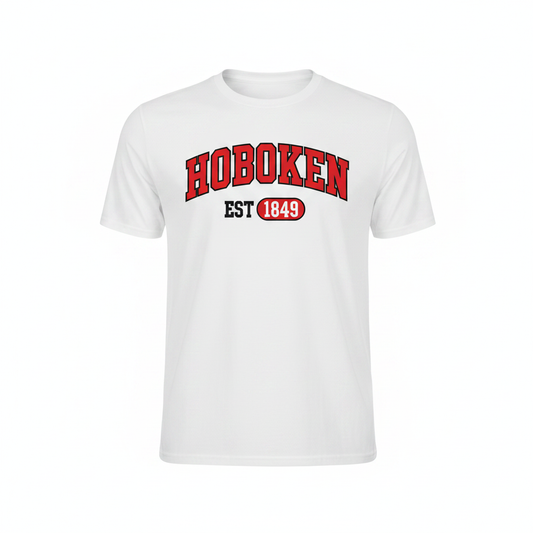 Hoboken Est. 1849 white t-shirt with red and black graphic on white background
