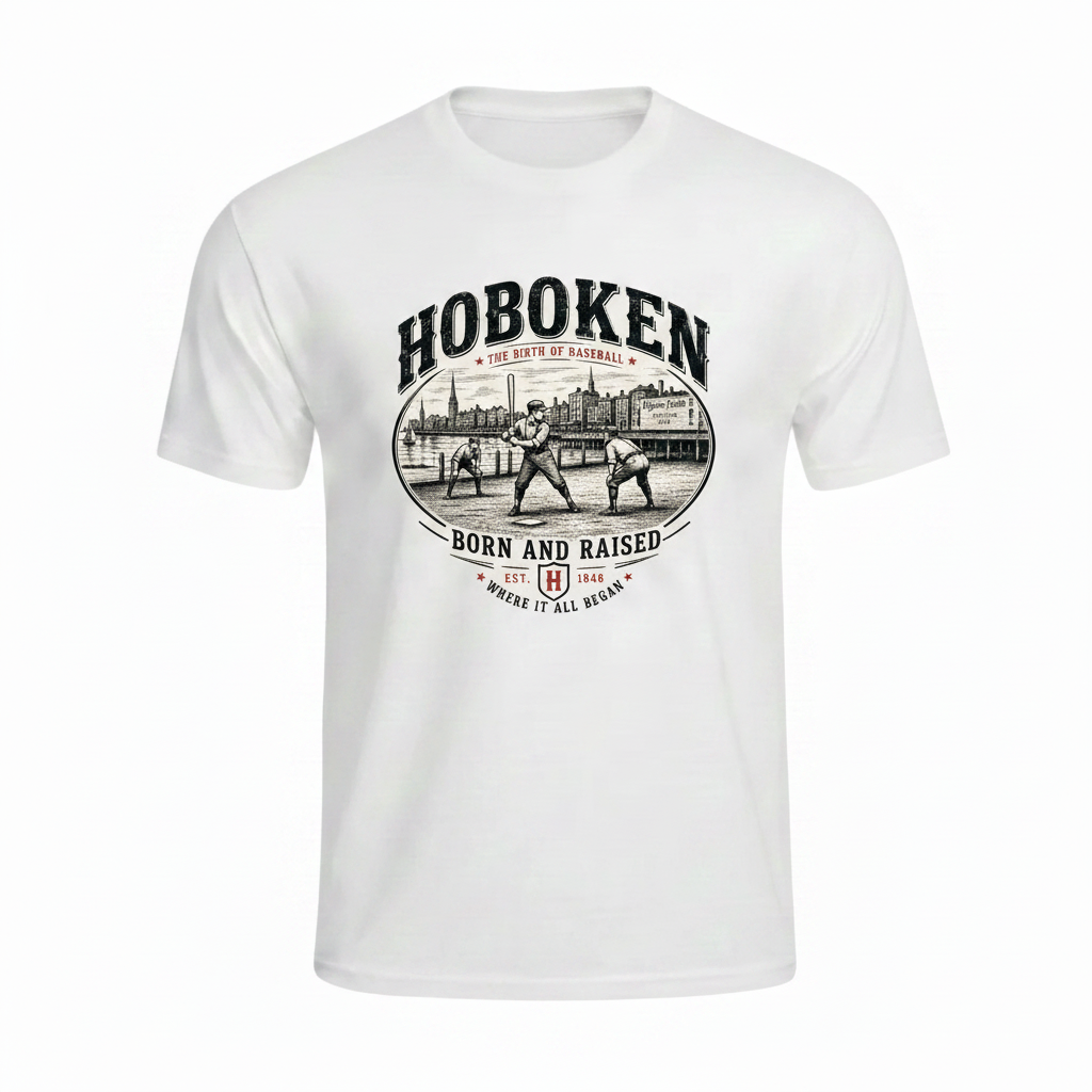 White t-shirt with Hoboken Birth of Baseball vintage oval graphic