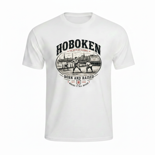 White t-shirt with Hoboken Birth of Baseball vintage oval graphic