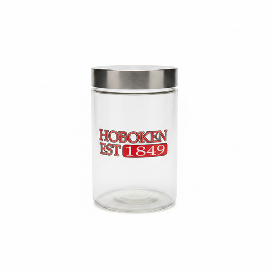 Hoboken Est. 1849 glass jar with stainless steel lid on pure white background