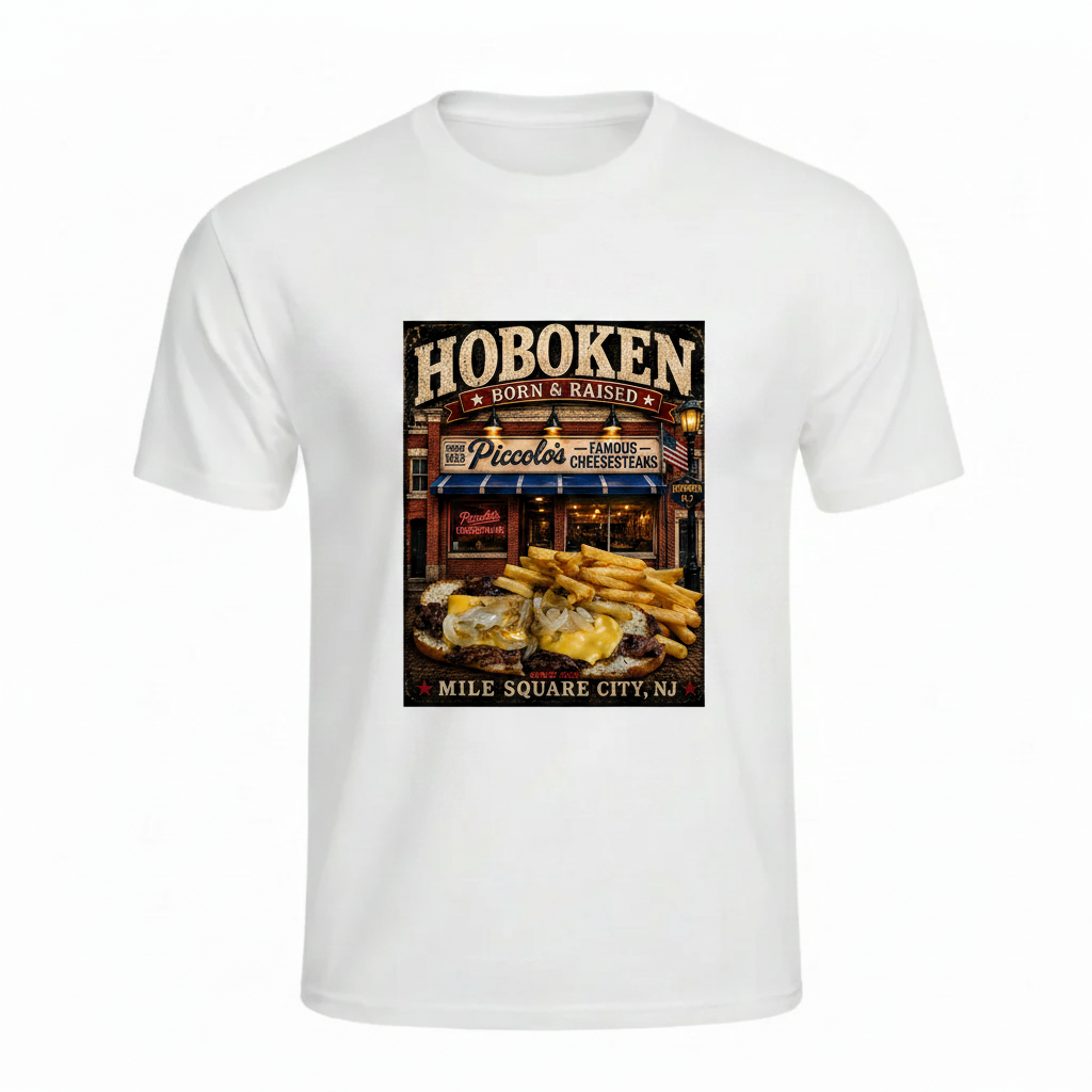 White t-shirt with Piccolo's Hoboken Born & Raised vintage graphic