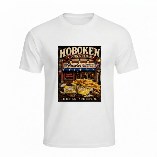White t-shirt with Piccolo's Hoboken Born & Raised vintage graphic