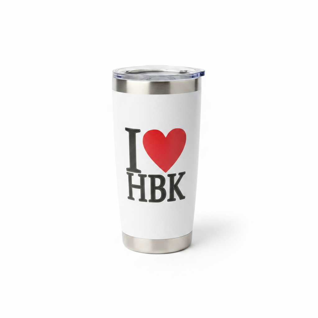 I Love HBK white insulated tumbler on pure white background