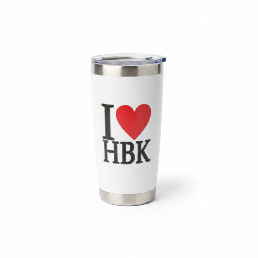 I Love HBK white insulated tumbler on pure white background