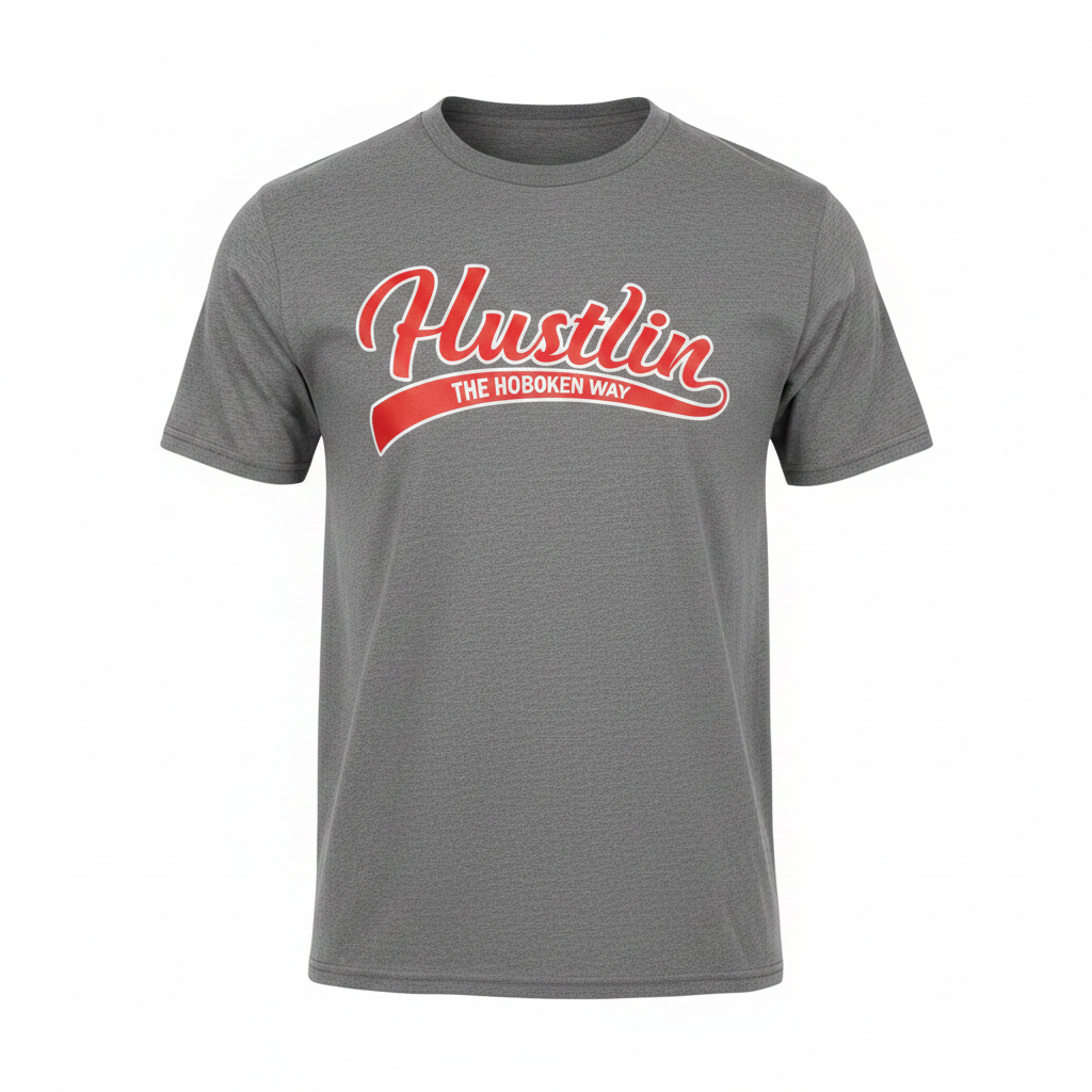 Hustlin' The Hoboken Way heather grey t-shirt with red script graphic on white background