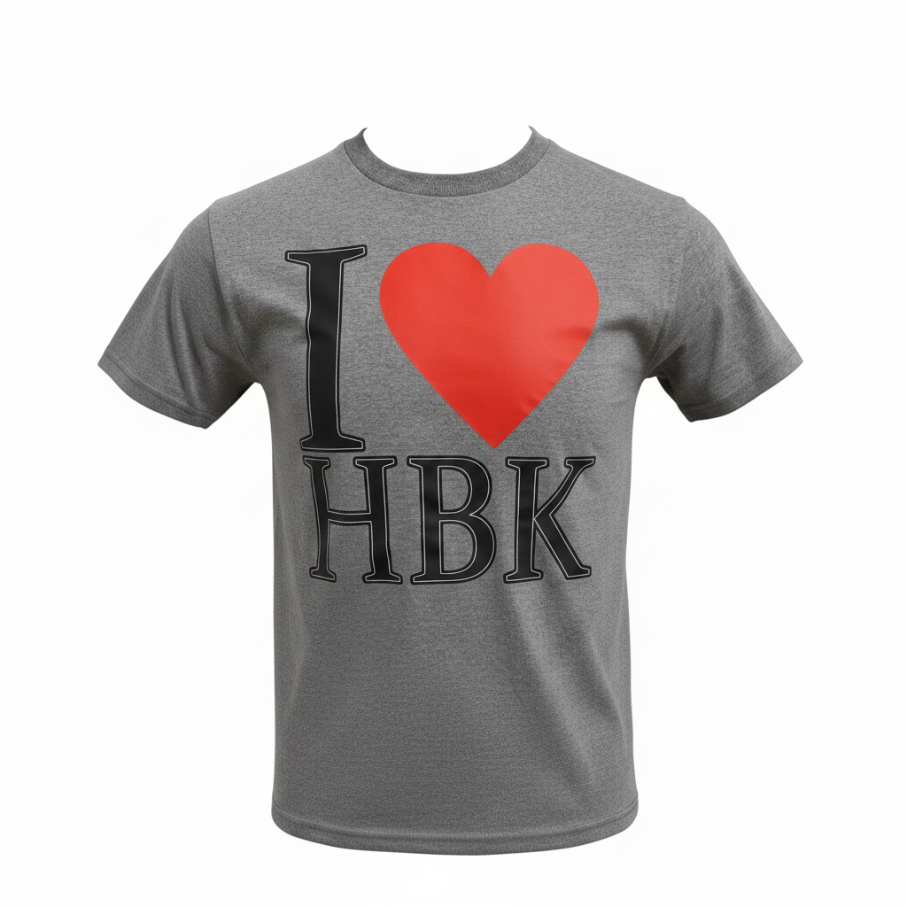 I Love HBK heather grey t-shirt with large red heart graphic on white background