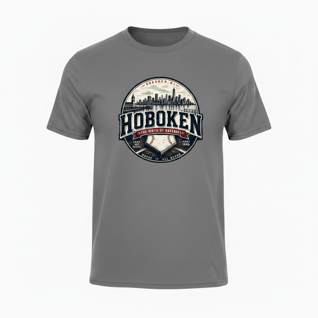Grey t-shirt with Hoboken Birth of Baseball circular badge graphic