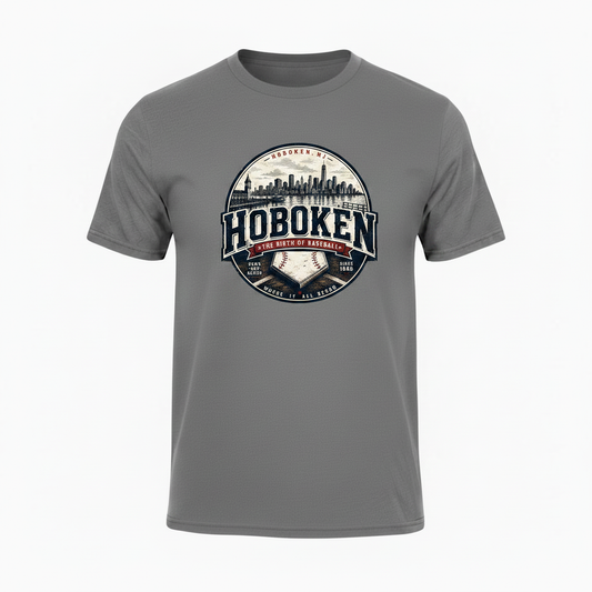 Grey t-shirt with Hoboken Birth of Baseball circular badge graphic