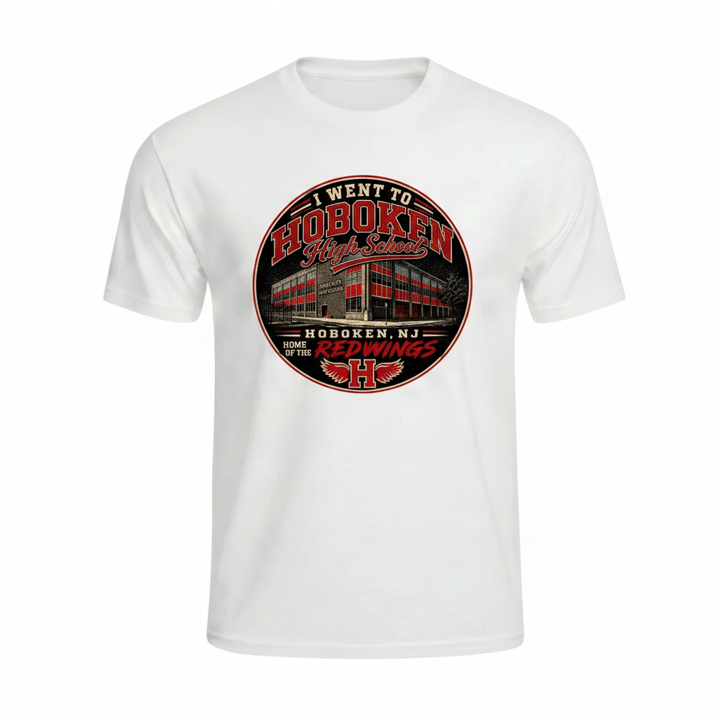 White t-shirt with Hoboken High School vintage Redwings badge graphic