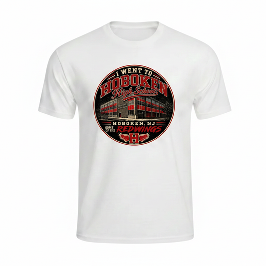 White t-shirt with Hoboken High School vintage Redwings badge graphic