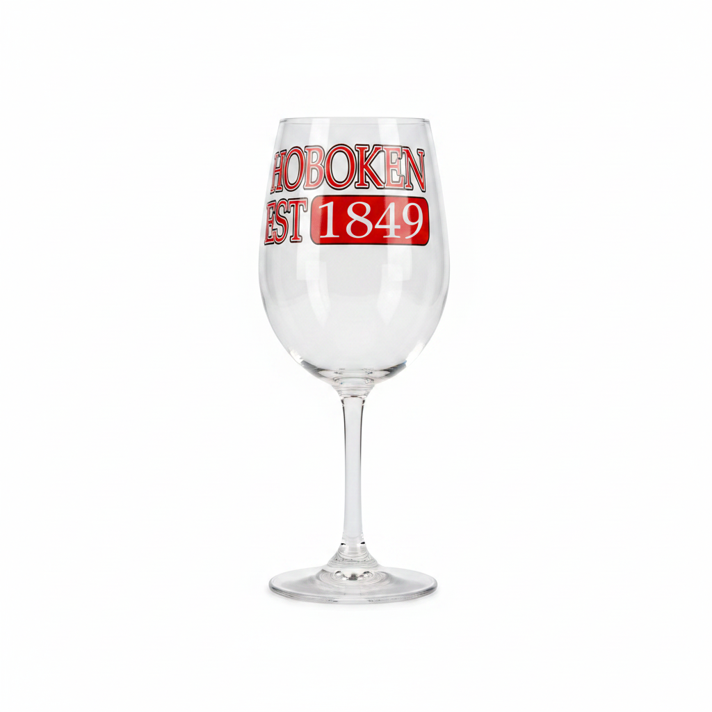Hoboken Est. 1849 clear wine glass on pure white background