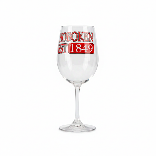 Hoboken Est. 1849 clear wine glass on pure white background