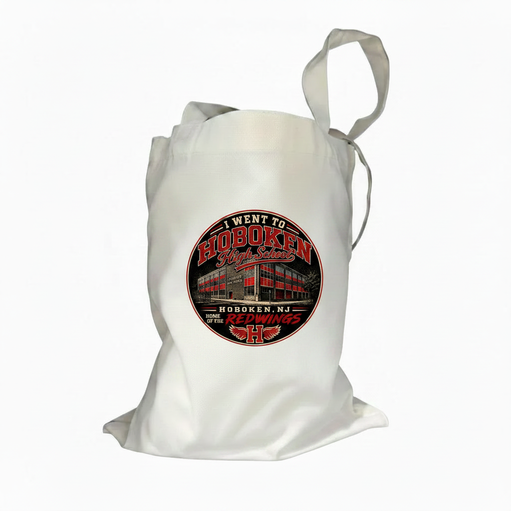 Natural canvas tote bag with Hoboken High School vintage Redwings badge graphic