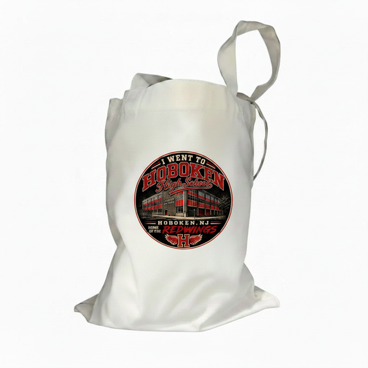 Natural canvas tote bag with Hoboken High School vintage Redwings badge graphic