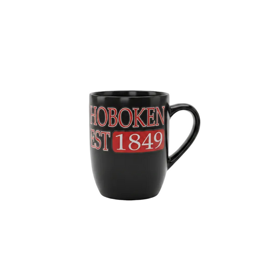 Hoboken Est. 1849 black ceramic coffee mug on white background