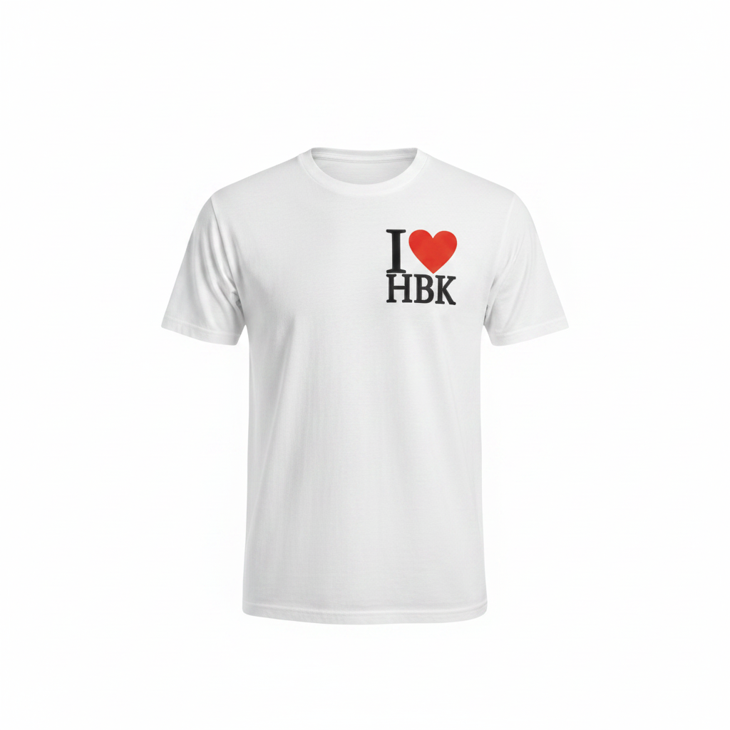 I Love HBK white t-shirt with small chest print graphic on white background